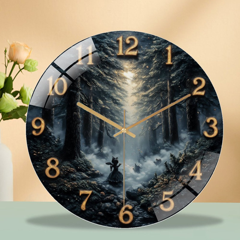 Clock Face With Forest Fairy Art - 12'' Modern Glass Wall Clock