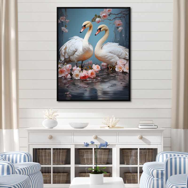 Art mural blanc, cygne blanc, sérénade III, Cadre flottant noir, 20" H x 12" W