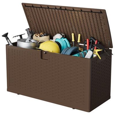 73 Gallon Resin Deck Box, Waterproof Lockable Outdoor Storage Bin with Hydraulic Lid for Patio Garden Pool