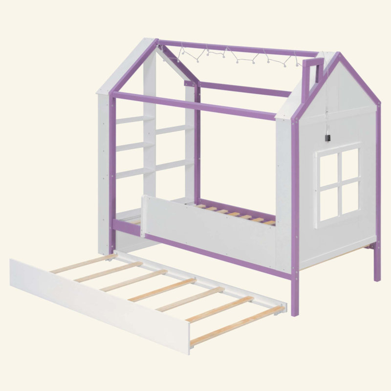 Structure de lit House avec lit gigogne escamotable, tablettes de rangement à queue et lumières DEL blanc froid, Twin