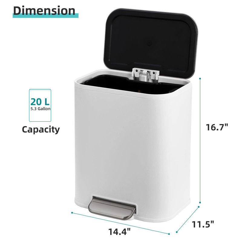 Poubelle de cuisine 5,3 gallons avec couvercle, poubelle en acier inoxydable avec pédale et seau intérieur amovible, Blanc