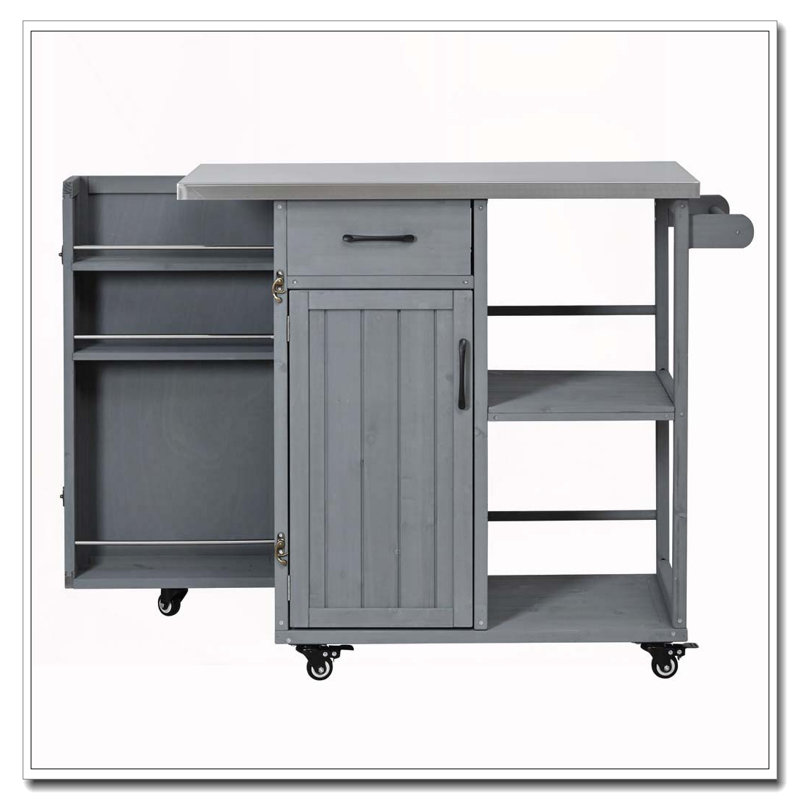 Outdoor Kitchen Island Fir Wood Prep Station Lockable Kitchen Cart with Stainless Top, Ample Storage Space, Grey