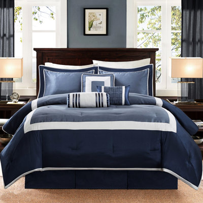 Édredon bleu marine 7 pièces, literie douce, inspirée de l'hôtel, palette neutre, chambre à coucher contemporaine