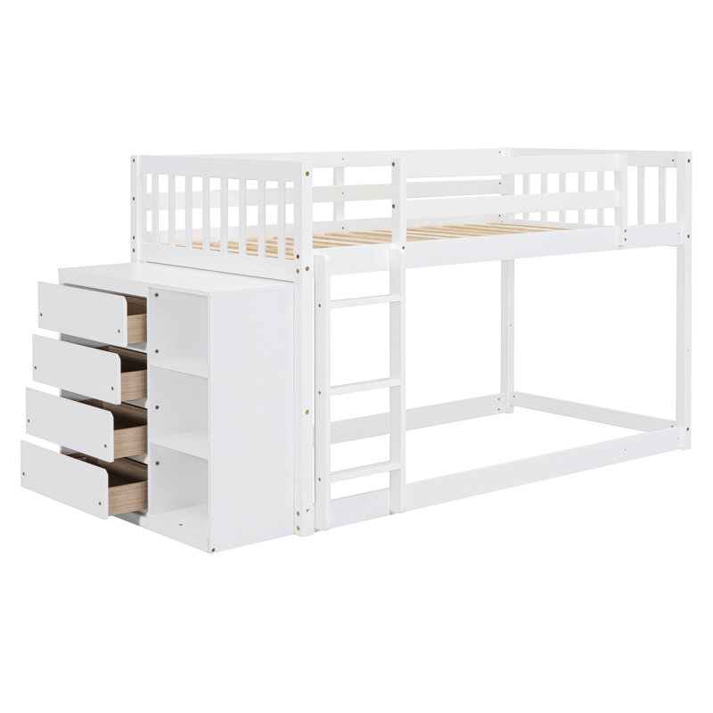 Lit superposé simple au-dessus de simple avec 4 tiroirs et 3 tablettes - blanc, Simple sur simple, Blanc