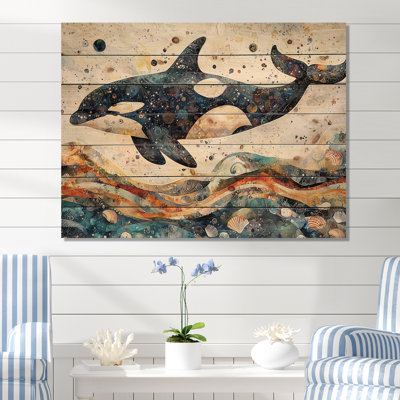 Baleine canadienne sur un collage côtier II - baleine animalière, décoration murale - sur bois de pin naturel