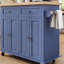 Îlot de cuisine mobile bleu marine avec plateau en bois massif, table mobile de 111 cm (43,7 pouces) sur roulettes avec placards de rangement, tiroirs et étagères réglables