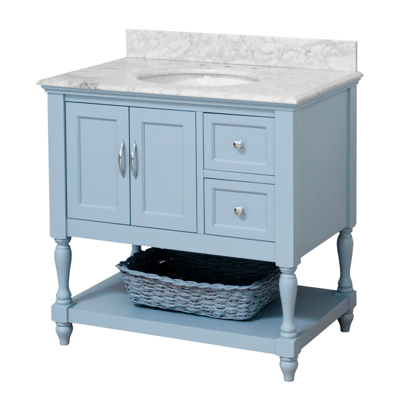 Ensemble de meuble-lavabo simple 36 po Hampton, Bleu poudre, Marbre de Carrare