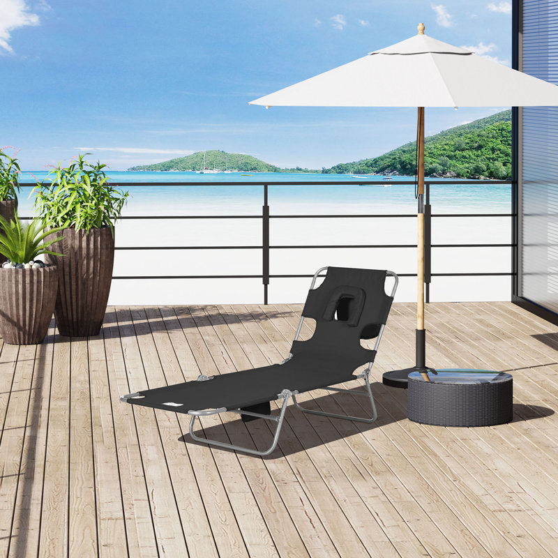 Tanning Chair With Face Hole, 5-Level Adjustable Outdoor Chaise Lounge Chair With Pillow For Beach, Pool, Black, 1, Black