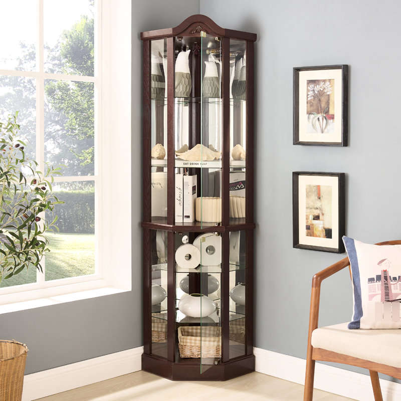 Classic Glass Display Cabinet With Push - To Open Design, Adjustable Shelves, And Tipping Feature For Dining Room Decor Quick Assembly Corner Arched Floral Carving, Doors, Acrylic Back Panel Safe
