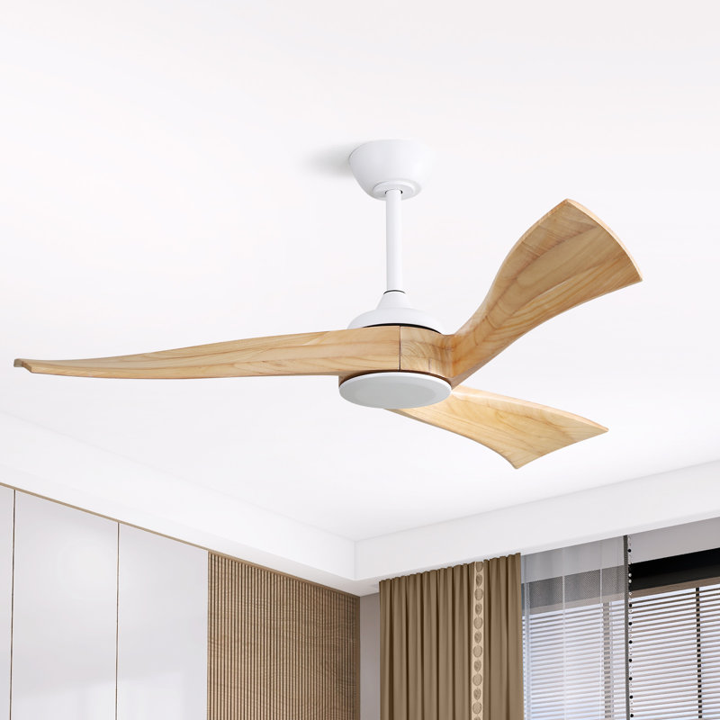 Kemp 52 Inch Modern Propeller Ceiling Fan No Light, Remote Control, 3 Solid Wood Blades, Indoor Fan for Bedroom, White&Beige