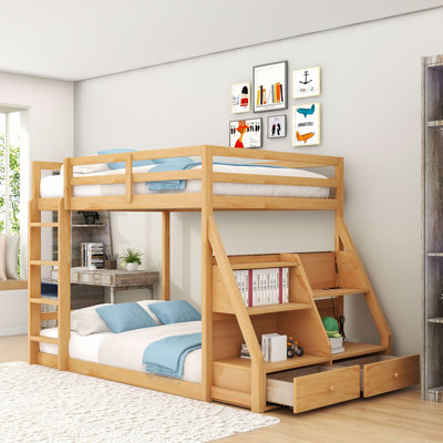 Lit superposé double avec 2 tiroirs en bois avec tablettes