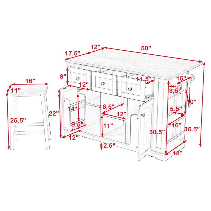 Ensemble d'îlot de cuisine avec 2 tabourets de bar, prises de courant intégrées et rangement extensible, Noir
