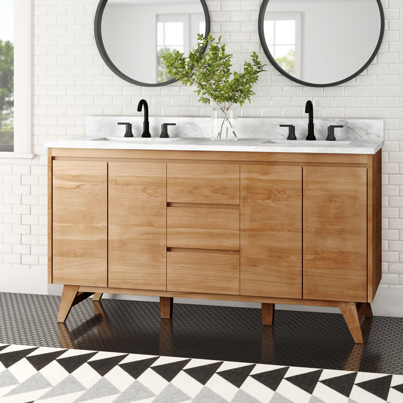 Saeko 60" Double Bathroom Vanity with Carrara Marble Top, Natural Teak