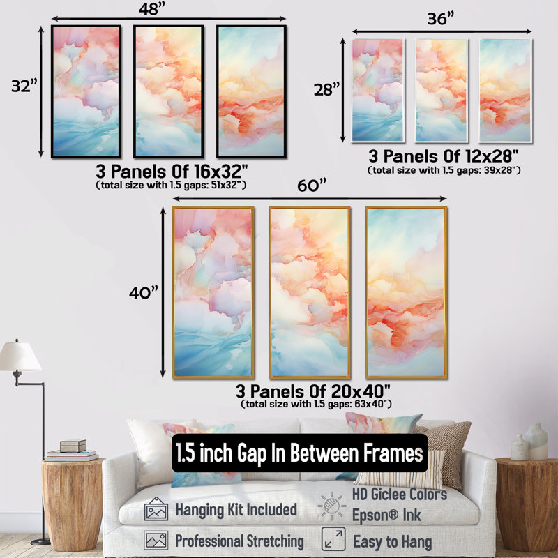 Nuage, lever du soleil, alcool, encre, paysage, ensemble d'art sur toile, Cadre flottant noir, H 32 po x l 48 po x P 1 po