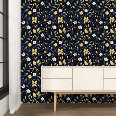 Black Floral Peel And Stick Wallpaper, Vintage Dark Blue Gold Leaf Contact Paper, Self-Adhesive Removable Waterproof Vinyl For Walls, Furniture, Cabinets, And Drawers