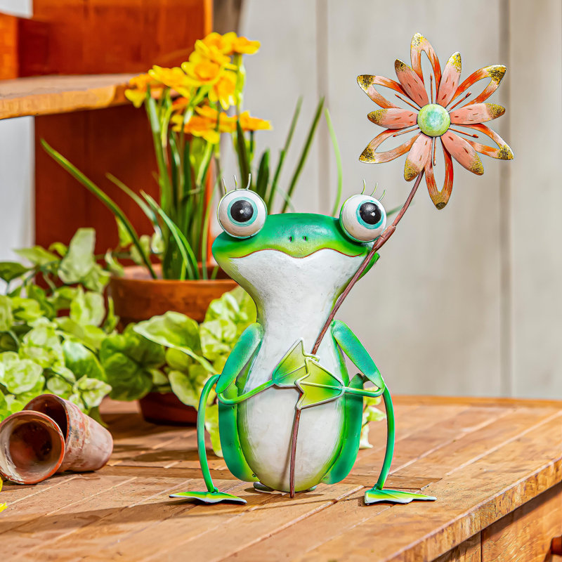 Statue grenouille en métal avec fleur colorée, H 15 po