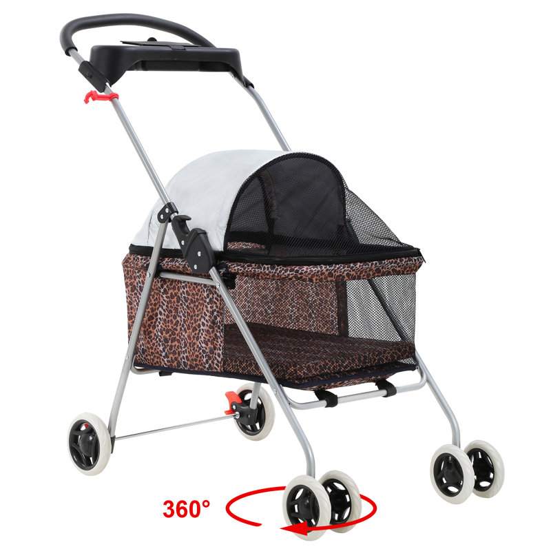 Leopard Print Folding Pet Stroller with Cup Holder
