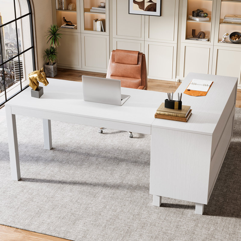 L Shaped Desk With Storage Cabinet, 59 Inch Corner Computer Desk Home Office Desk, White