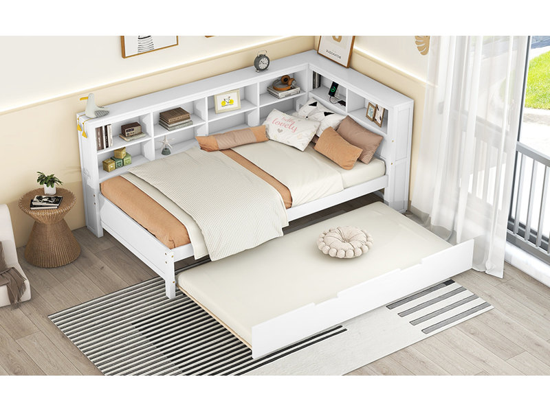 Evermere Modern Daybed with Trundle and USB Charging Station, Twin, White