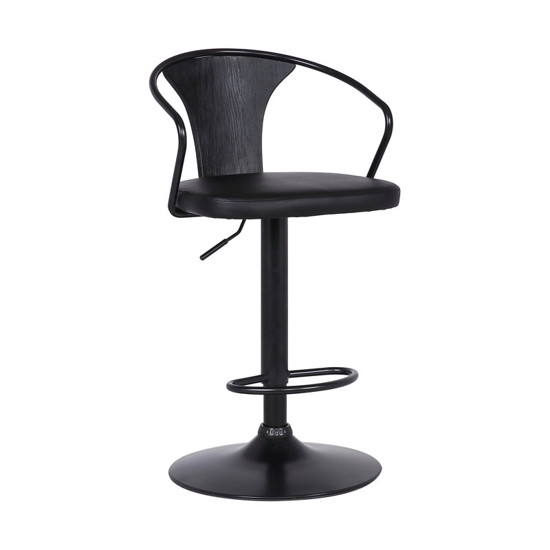 Almus Swivel Adjustable Height Bar Stool with Pedestal Base in Faux Leather, Wood and Black Metal, Black