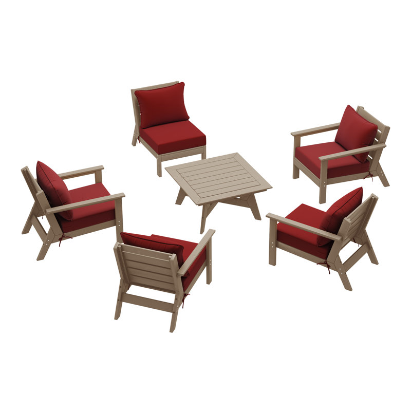 Ensemble de conversation à assise profonde 6 pièces, Rouge, Marron clair