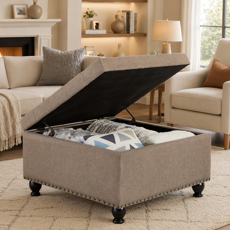 Large Square Storage Ottoman With Wooden Legs, Upholstered Button Tufted Coffee Table, Linen