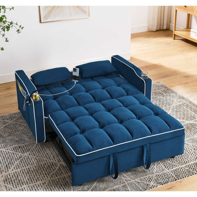 Lit escamotable en velours, dossier réglable et avec port USB, Bleu