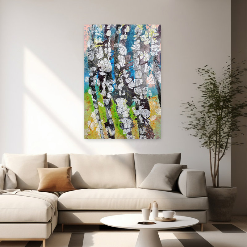 «Vibrant Birch Woods», art contemporain de paysage de forêt de bouleau moderne et abstrait, 60" H x 40" W