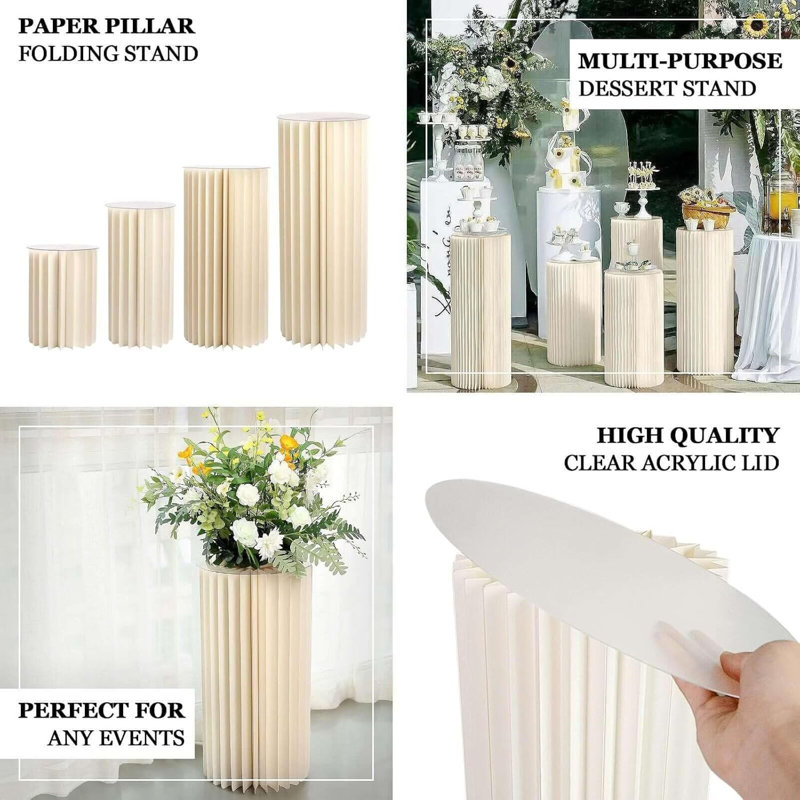 40inch Ivory DIY Accordion Cylinder Cardboard Folding Pillar Pedestal Box, Display Column Stand With Round Top Plate