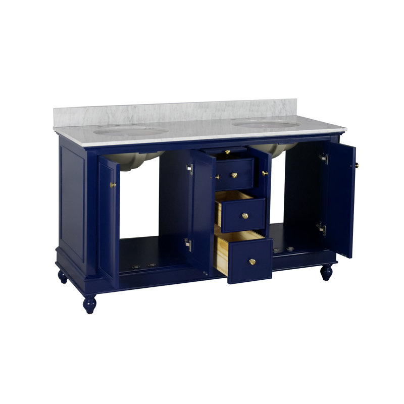 Ensemble de meuble-lavabo double 60 po Ferdinand, Marbre de Carrare, Bleu royal