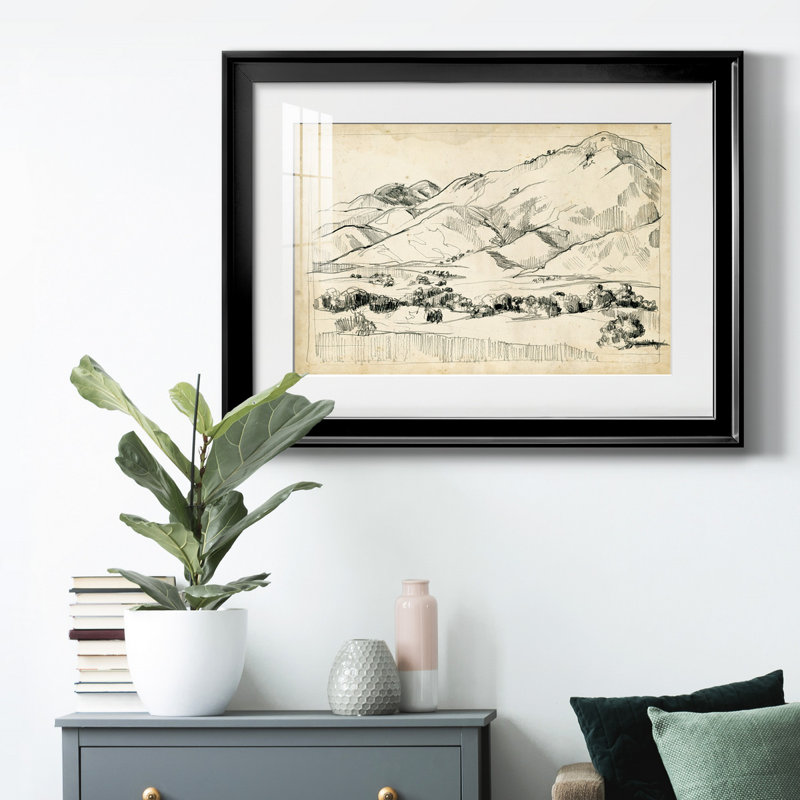 Croquis de montagne I, Papier avec cadre noir, H 30,5 po x l 42,5 po x P 1 po, Blanc