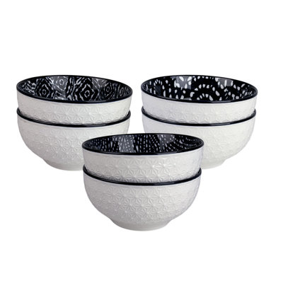 Embossed Shibori Pad Print 6.5" Cereal Bowls, Set Of 6, Blue/White