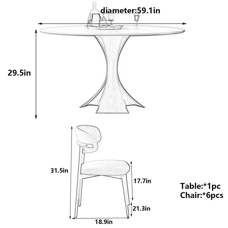 Table de salle à manger élégante avec plateau en marbre, H 29,5 po x L 59,1 po x l 59,1 po