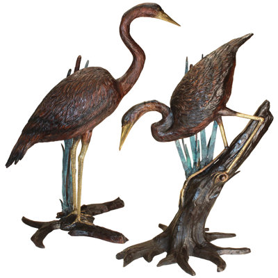 Standing and Fishing Herons in Reeds 2 Piece Statue Set