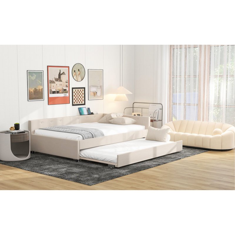 Lit plateforme tapissier en lin beige avec lit gigogne simple - Fabrication en bois robuste, sans sommier dans la chambre à coucher