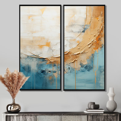 Gold And Blue Paint Fusion I - Beige Modern Wall Decor