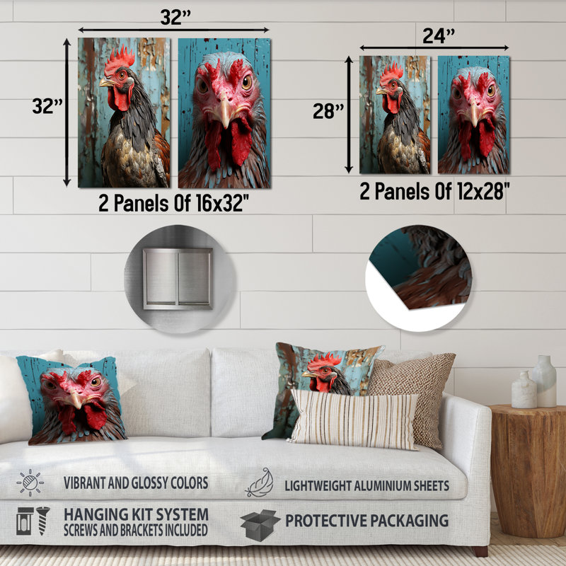 Farmhouse Barn Rooster Portrait I - Poulet, ensemble de 3 impressions sur métal, H 28 po x l 24 po