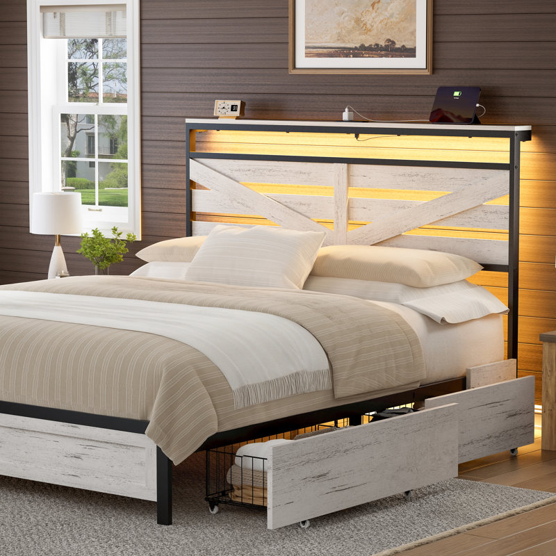 Antioch Bed Frame with 4 Drawers & Storage Headboard, Stable Bed with LED Light & Charging Station, No Box Spring Needed