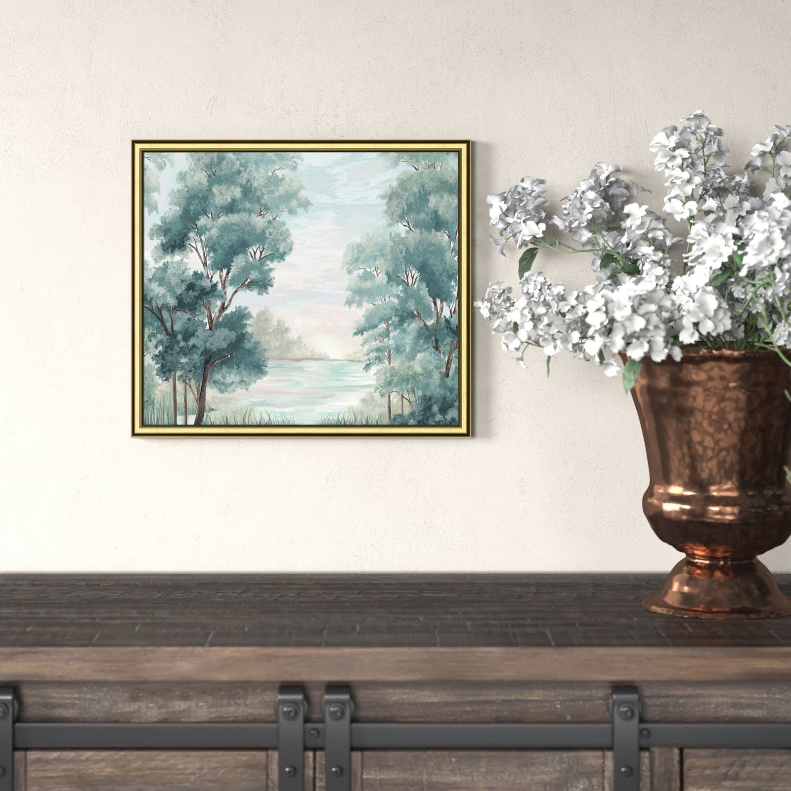LeeRoy "Calm Forest River" Painting, 17.25" H x 20.25" W x 0.87" D, Gold Framed