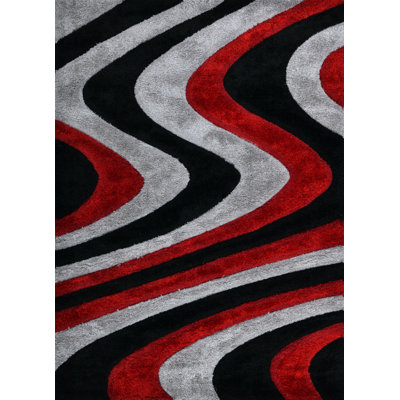 RugGuy Geometric Modern Area Rug - Red & Black Wavy - for Living Room, Dining Room - 5'3" x 7'3" , Shed-Free, Easy to Clean
