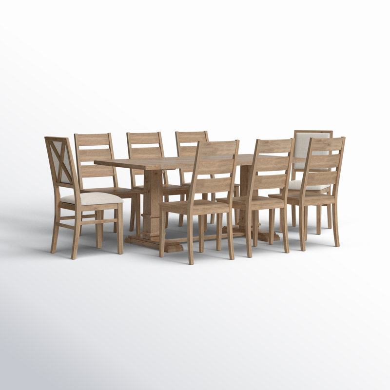Heymann Trestle Dining Set with Upholstered and Wood Chairs, 9 Pieces: Table, 8 Chairs, Tan