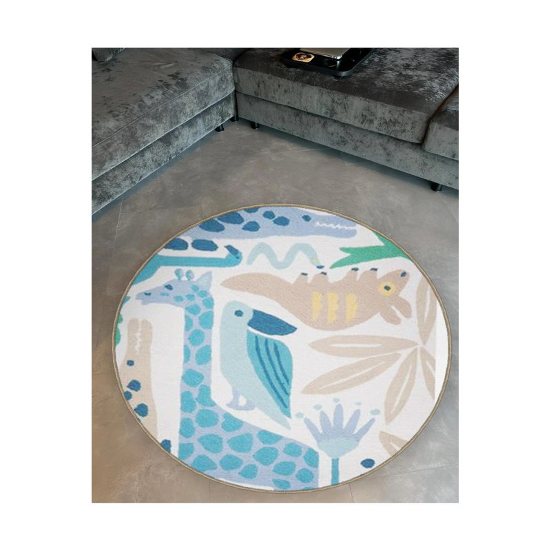 Woven Base Modern Decorative Carpet With Crocodile And Giraffe Bird Details In Blue And Beige Tones, Round 3'4"