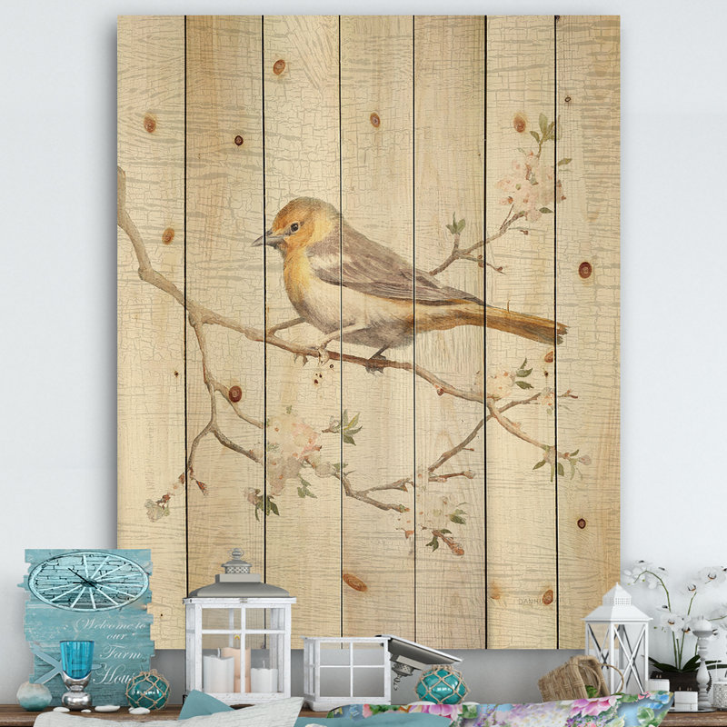 Birds on Blossom II - reproduction de ferme sur bois de pin naturel, H 40 po x l 30 po x P 1,5 po