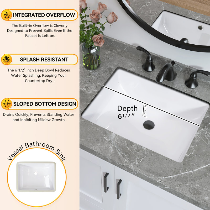 Lavabo de salle de bain rectangulaire encastré en porcelaine vitrifiée blanche en céramique avec trop-plein 18 "x P 14"