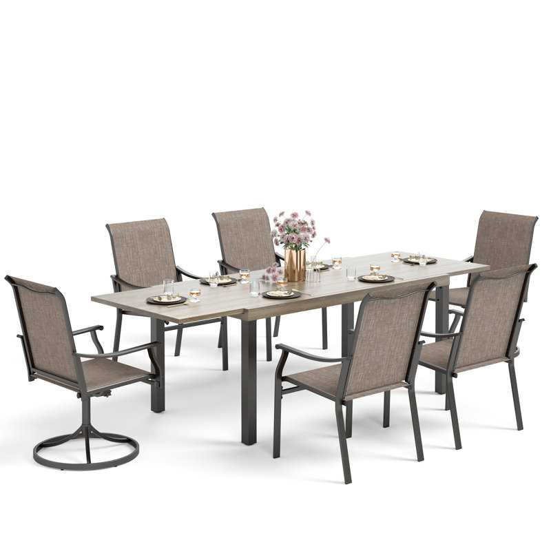 6-Person Rectangle Outdoor Patio Dining Set Expandable Wood-Like Metal Table With Sling Chairs