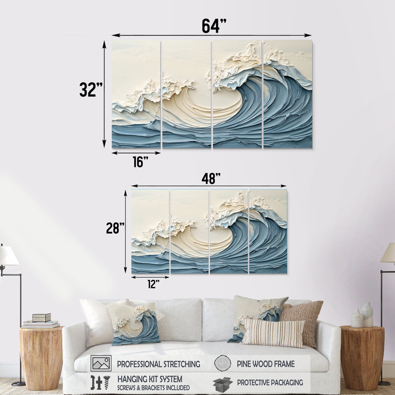 Ensemble de salon art mural blanc et bleu Wave I - Coastal Waves, H 28 po x l 48 po