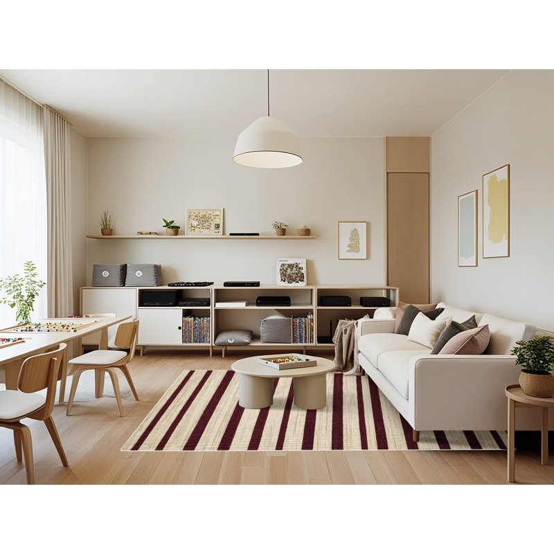 Tapis beige à rayures horizontales lavable à la machine, Rectangle 7 pi x 9 pi