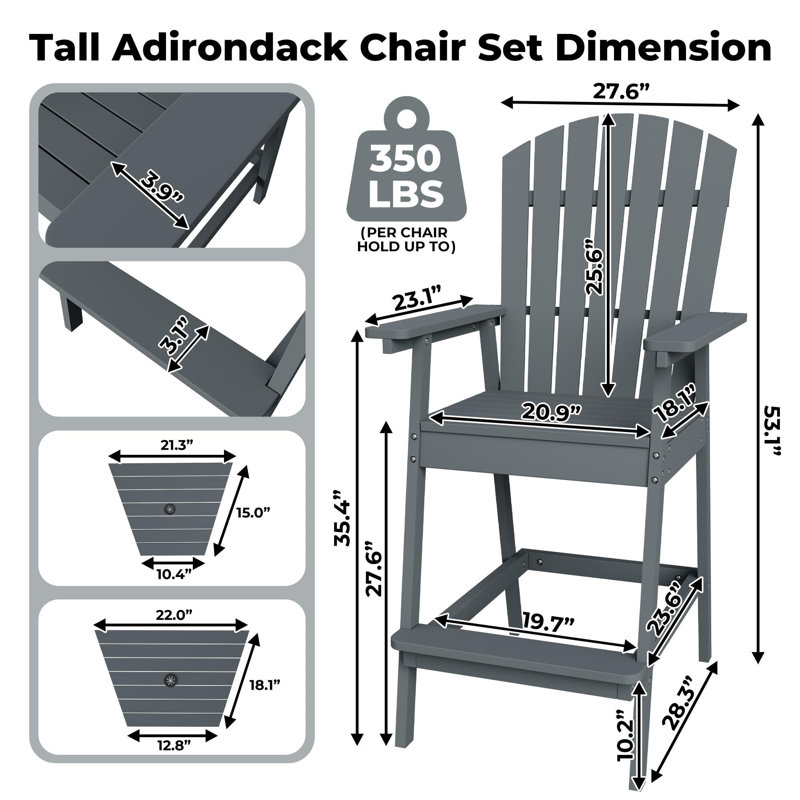 Outdoor Bar Height Adirondack Chairs With Connecting Tray Set Of 4, Dark Gray