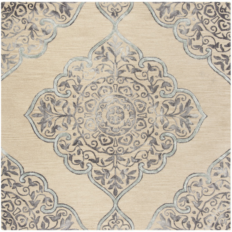 Pimentel Hand Tufted Wool/Cotton Geometric Rug in Blue/Beige, Square 7'