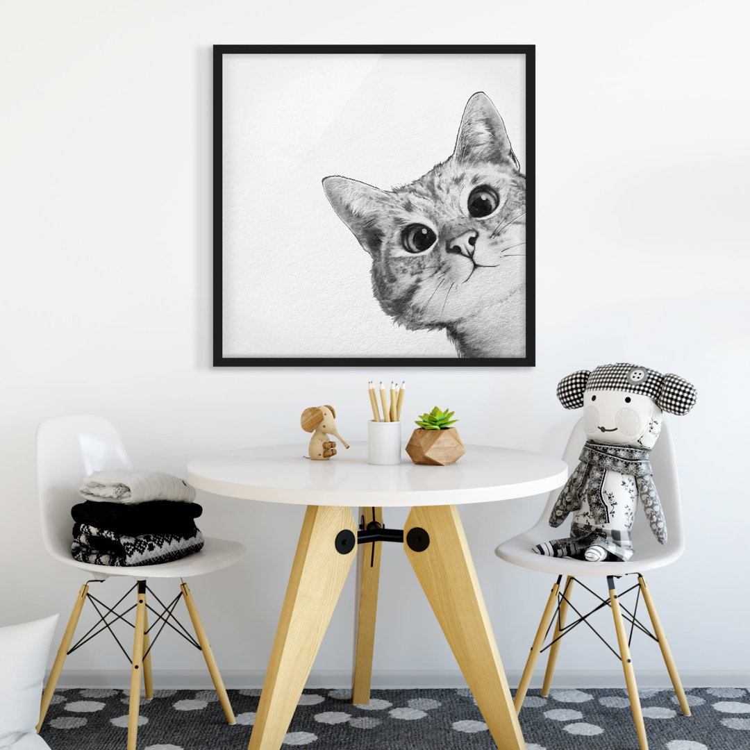 Gerahmtes Poster Illustration Katze Zeichnung Schwarz Weiß